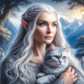 Galadriel and the Silver Cat: Mystical Oil Painting of Lothlorien