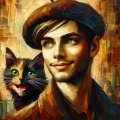 In Love's Glow: Expressionist Painting of a Young Man with Green Eyes and a Playful Tortoise Shell Cat