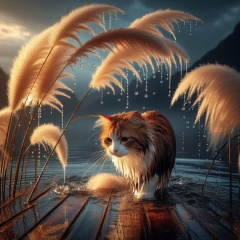  Solitude in the Storm: Cat Seeking Shelter under Rain-Drenched Pampas Grass