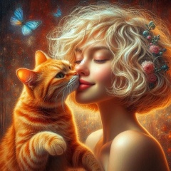 Enchanted Encounter: Ginger Cat Kisses Blonde Girl in Hyperrealistic Fantasy Canvas