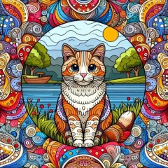 Colorful Harmony: AI-Generated Cat Amid Vibrant Patterns in Park Setting