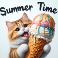 Whimsical Hyper-Realistic Oil Painting: Summer Time with a Fluffy Cat and Ice Cream