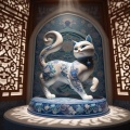 Dynamic Traditional Chinese Cat Figurine with Blue and White Floral Patterns