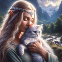 Galadriel with Silver Cat: Realistic Oil Painting Inspired by Lord of the Rings
