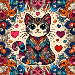 Whimsical Cat in Colorful Patterns