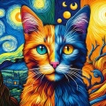  Starry Whiskers: Van Gogh-inspired Cat Portrait in Vibrant Orange and Blue