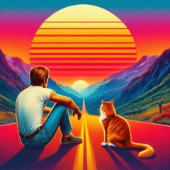 Sunset Serenity: Retro-inspired Mountain Road Scene with Man and Cat