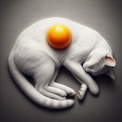 Whimsical Photorealistic Art: Sleeping White Cat with Orange 'Egg'