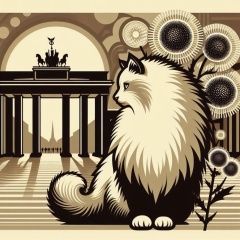 Vintage Art Deco Cat Illustration with Berlin's Brandenburg Gate