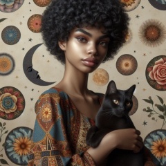 Serene Portrait of a Woman with African Prints and Black Cat