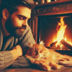 Cozy Vintage Scene: Orange Cat Sleeping by Fireplace with Affectionate Man