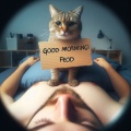Photorealistic Tabby Cat Asking for Breakfast with a Handwritten Sign