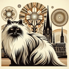  Art Deco Cat with Cologne Cathedral: A Vintage Charm Illustration