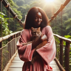 Serene Stroll: Black Woman in Pink Robe Cradles Cat on Jungle Bridge