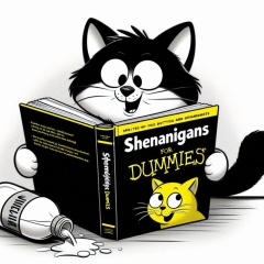 Whimsical Tuxedo Cat Reading 'Shenanigans for Dummies' in Pixar Animation Style