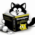 Whimsical Tuxedo Cat Reading 'Shenanigans for Dummies' in Pixar Animation Style