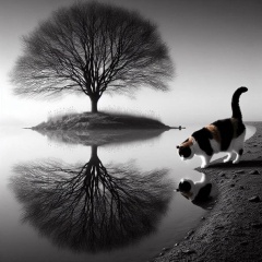Eerie Foggy Lake with Calico Cat Reflection - Black and White Art