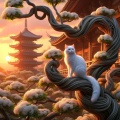 Serene Sunset with Twisted Chinese Fringetree and Fluffy White Cat by a Traditional Pagoda