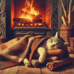 Cozy Tabby Cat Sleeping by a Vintage Fireplace