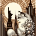 Art Deco Cat with Statue of Liberty: Vintage Sepia Illustration