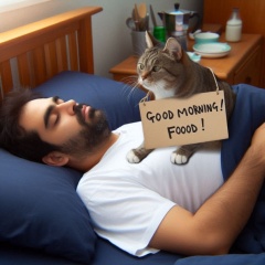 Humorous AI-Generated Photo: A Man's Morning Surprise with a Hungry Cat
