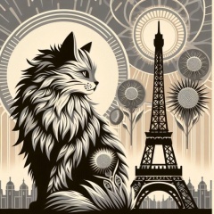 Art Deco Cat in Paris: Vintage Sepia Illustration with Eiffel Tower