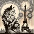 Art Deco Cat in Paris: Vintage Sepia Illustration with Eiffel Tower