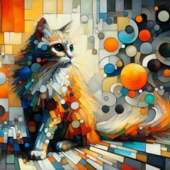  Deconstructivist Cat Painting in Yellow and Orange - A Serene Fragmented Form