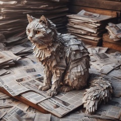 Serene Cat Made of Newspaper Sitting on a Pile of Old Newspapers