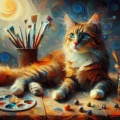 Serene Cat Lounging Among Art Supplies
