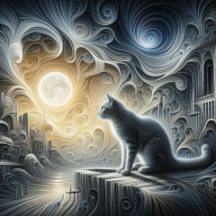 Surreal Modern Art: Cat in Pale Moonlight with Disintegrating Cityscape