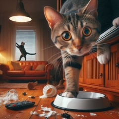 Mischievous Cats Home Alone: Humorous Photorealistic Scene in a Living Room