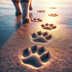 Cat Paw Prints in Wet Sand: A Peaceful Beach Walk