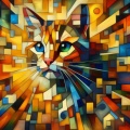 Vibrant Deconstructivist Cat Portrait: An Abstract Oil Painting in Yellow and Blue
