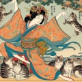 Ryukyuan Dancer with Playful Cats in a Traditional Ukiyo-e Style