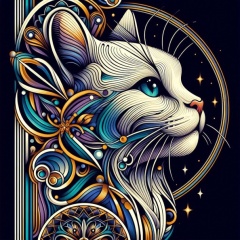 Elegant Art Deco Cat: White Feline with Blue Eyes on Bold Black Canvas