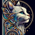 Elegant Art Deco Cat: White Feline with Blue Eyes on Bold Black Canvas