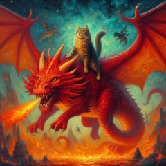 Epic Fantasy: Cat Riding a Fire-Breathing Dragon Under a Starry Night