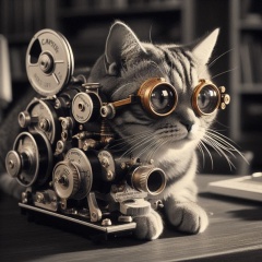Nostalgic 1950s Tabby Cat with Bronze Glasses and Retro Camera