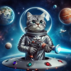 1950s Sci-Fi Cat: Retro Space Adventure with Ray Gun and Flying Saucer