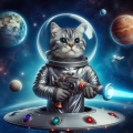 1950s Sci-Fi Cat: Retro Space Adventure with Ray Gun and Flying Saucer