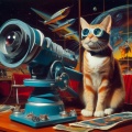 Adventurous 1950s Sci-Fi Cat with Futuristic Glasses in a Retro-Futuristic Room