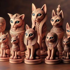 Ancient Egyptian Cat-Themed Chess Set: Abstract Terra Cotta Masterpieces