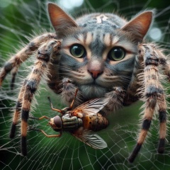 Realistic Tabby Cat-Faced Spider in a Detailed Web Awaiting Prey