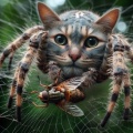 Realistic Tabby Cat-Faced Spider in a Detailed Web Awaiting Prey
