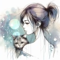 Serene Connection: Whimsical Watercolor and Ink Portrait of a Young Woman and Her Cat