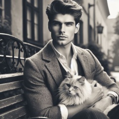 Charming 1930s Young Man with Cat on Vintage Town Street Bench