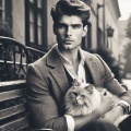 Charming 1930s Young Man with Cat on Vintage Town Street Bench