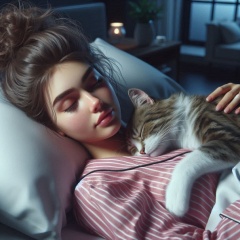 Peaceful Night: Young Woman Sleeping in Pajamas with Tabby Cat in Modern Bedroom