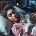 Peaceful Night: Young Woman Sleeping in Pajamas with Tabby Cat in Modern Bedroom